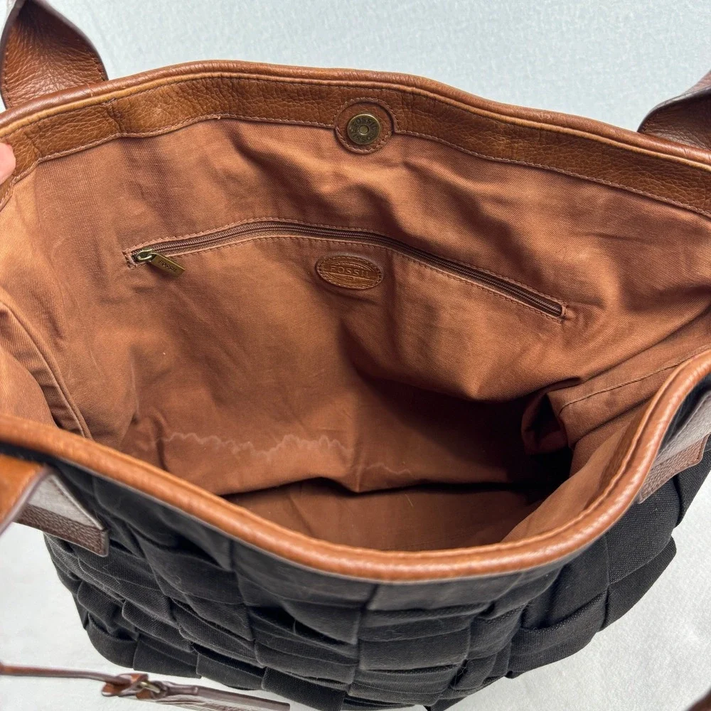 Fossil Woven Canvas Tote Bag Black Brown Leather Trim Shoulder Bag Key Fob